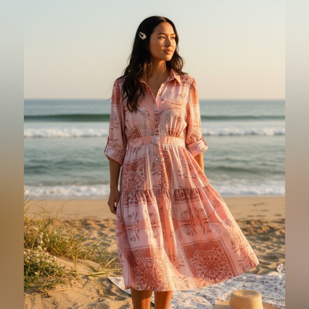 Avant Guard Boho Coastal Style Pink Print Maxi Dress
